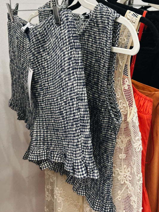 Navy Gingham Smocked Top