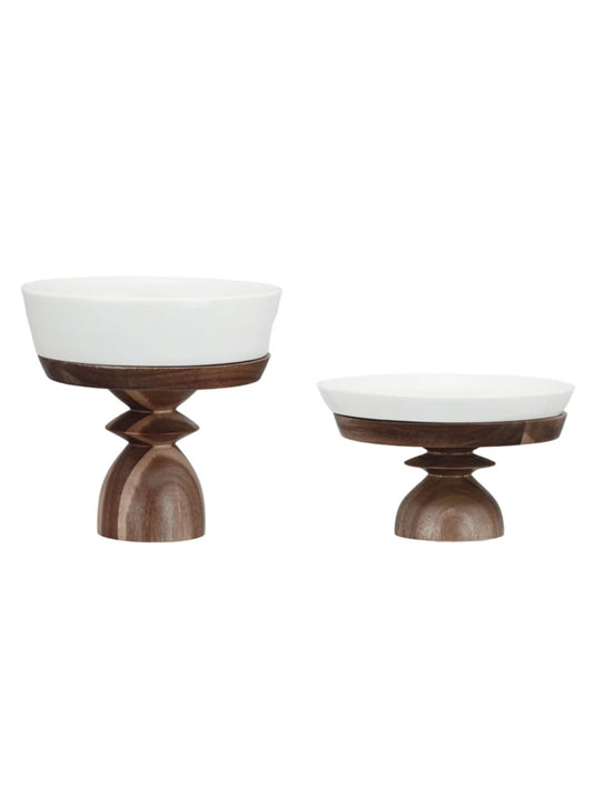 Stoneware Serving Dishes w/ Acacia Wood Pedestals - Pick up only