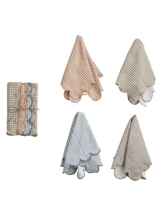 Cotton Printed Scalloped Napkins w/ Check Pattern & Stitched Edge, Set of 4 Tied w/ Jute
