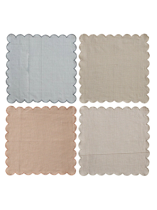 Cotton Printed Scalloped Napkins w/ Check Pattern & Stitched Edge, Set of 4 Tied w/ Jute