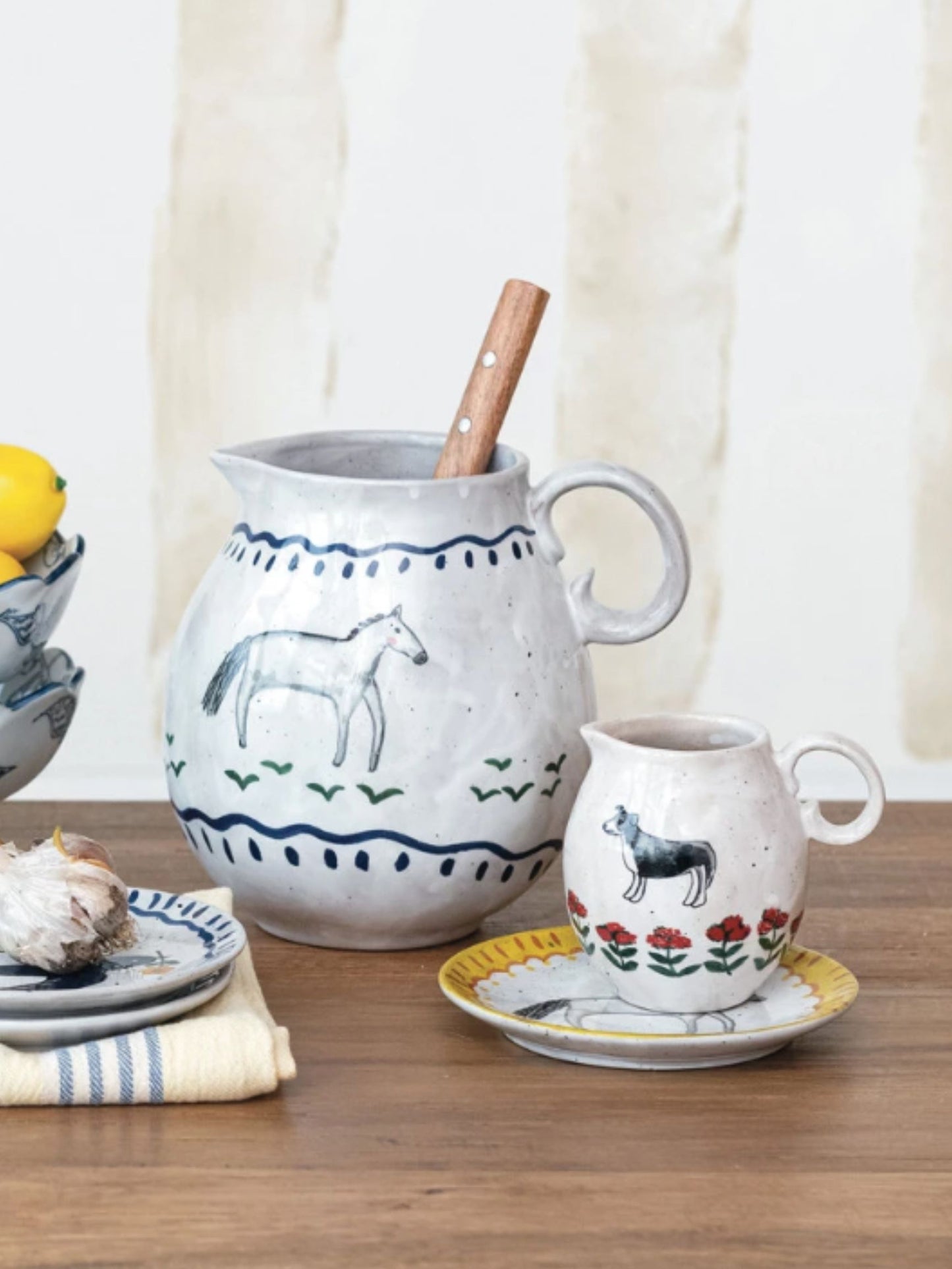Hand-Painted Stoneware Creamer w/ Dog & Flowers