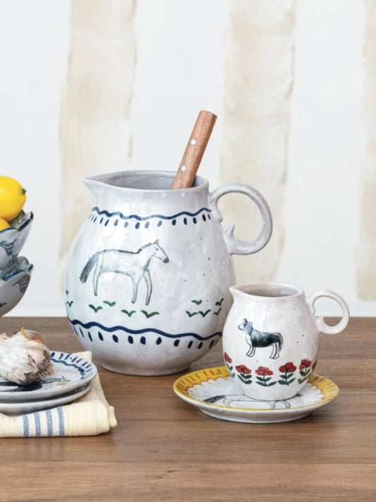 Hand-Painted Stoneware Creamer w/ Dog & Flowers