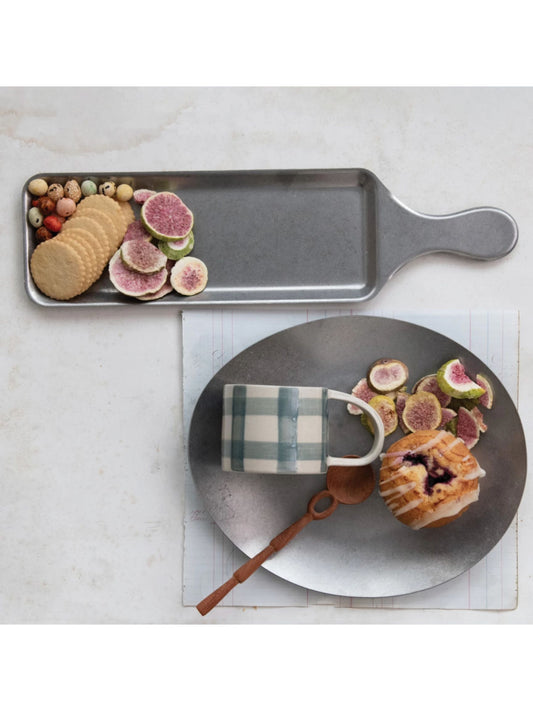 Stainless Steel Serving Tray w/ Handle, Brushed Pewter Finish