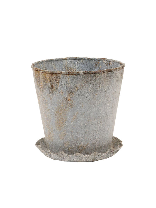 Distressed Metal Planter with Pleated Saucer