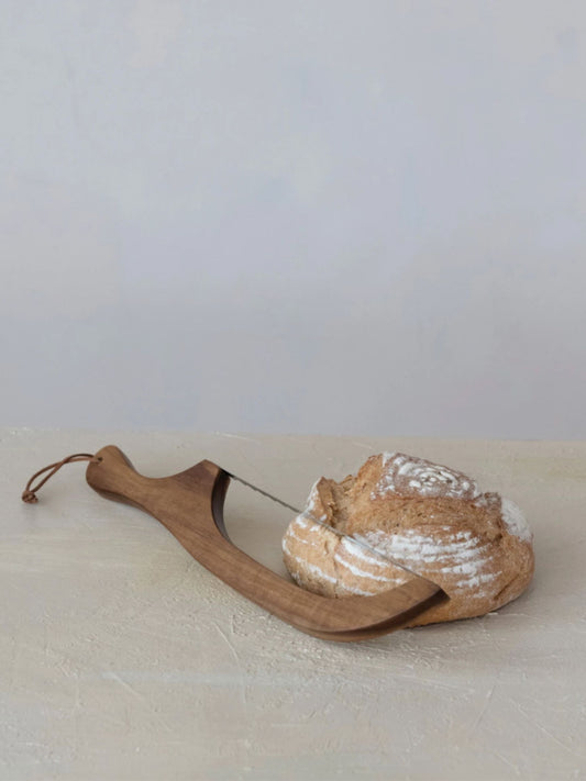 Wood Bread Bow Knife w/ Stainless Steel Blade & Faux Leather Tie