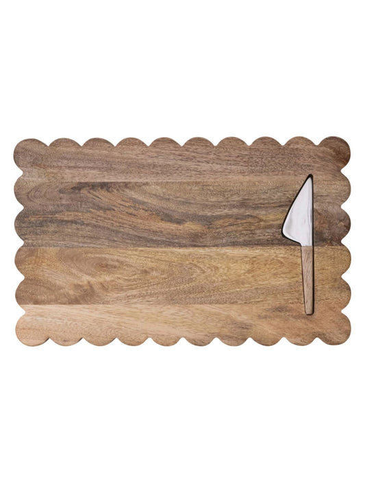 Mango Wood Scalloped Cheese/Serving Board w/ Stainless Steel Cheese Knife