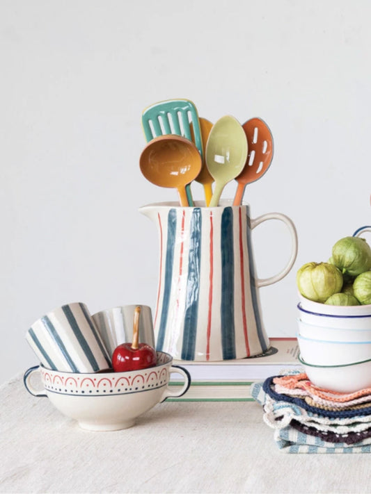 Stoneware Bowl w/ Handles & Pattern