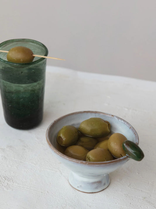 Stoneware Footed Bowl w/ 3D Olive on Rim, Reactive Glaze