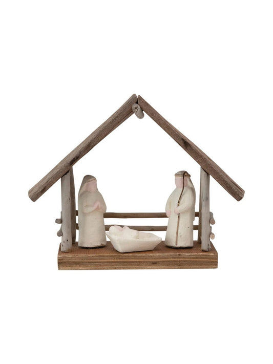 Handmade Driftwood and Paper Mache Nativity with Wood Base