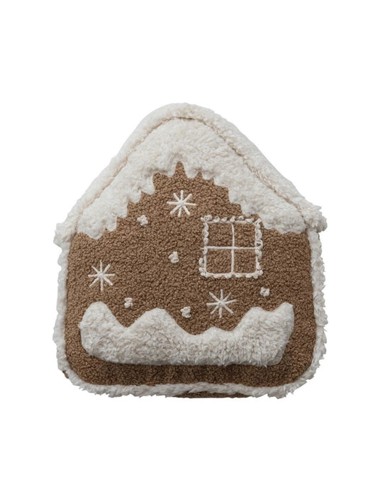 Woven Fabric Bouclé & Faux Sherpa Gingerbread House Shaped Pillow