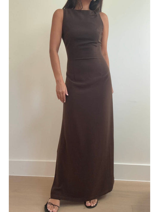 Boat Neck Side High Slit Maxi Sleeveless Dress