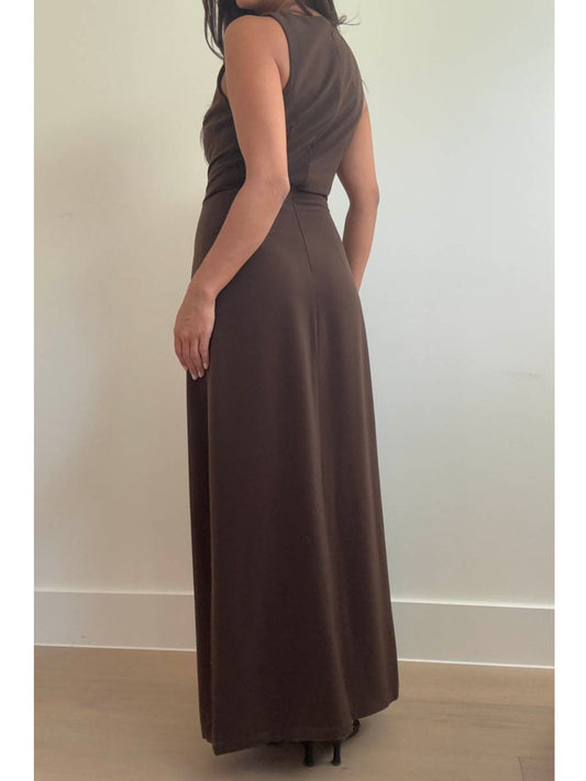 Boat Neck Side High Slit Maxi Sleeveless Dress