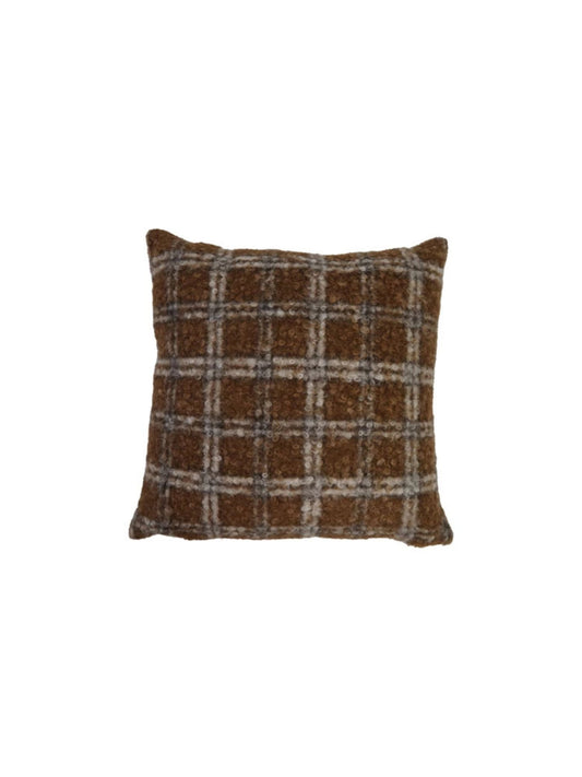 18" Square Fabric Faux Sherpa Pillow, Brown & Black Plaid