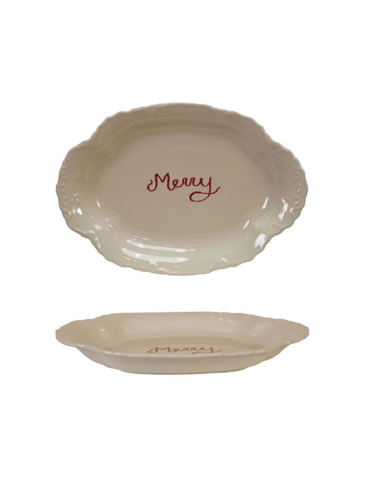 Stoneware Scalloped Platter with Embossed Edge "Merry"
