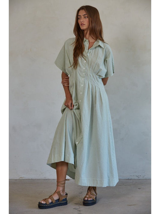 Olive Woven Striped Pleated Flare Dress