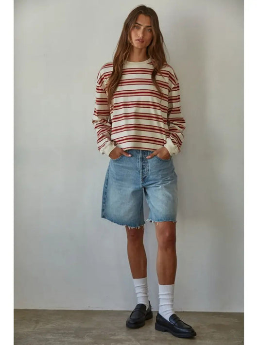 Knit Cotton Multicolor Stripe Crew Neck