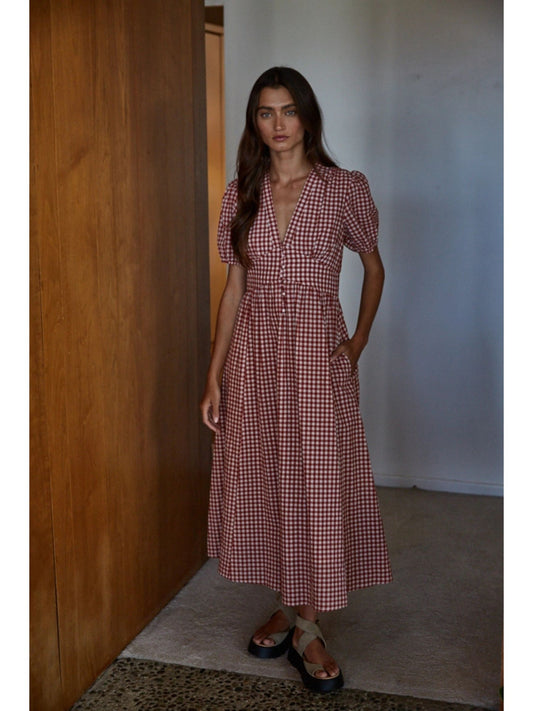 Woven Cotton Gingham Print Button-Down Dress