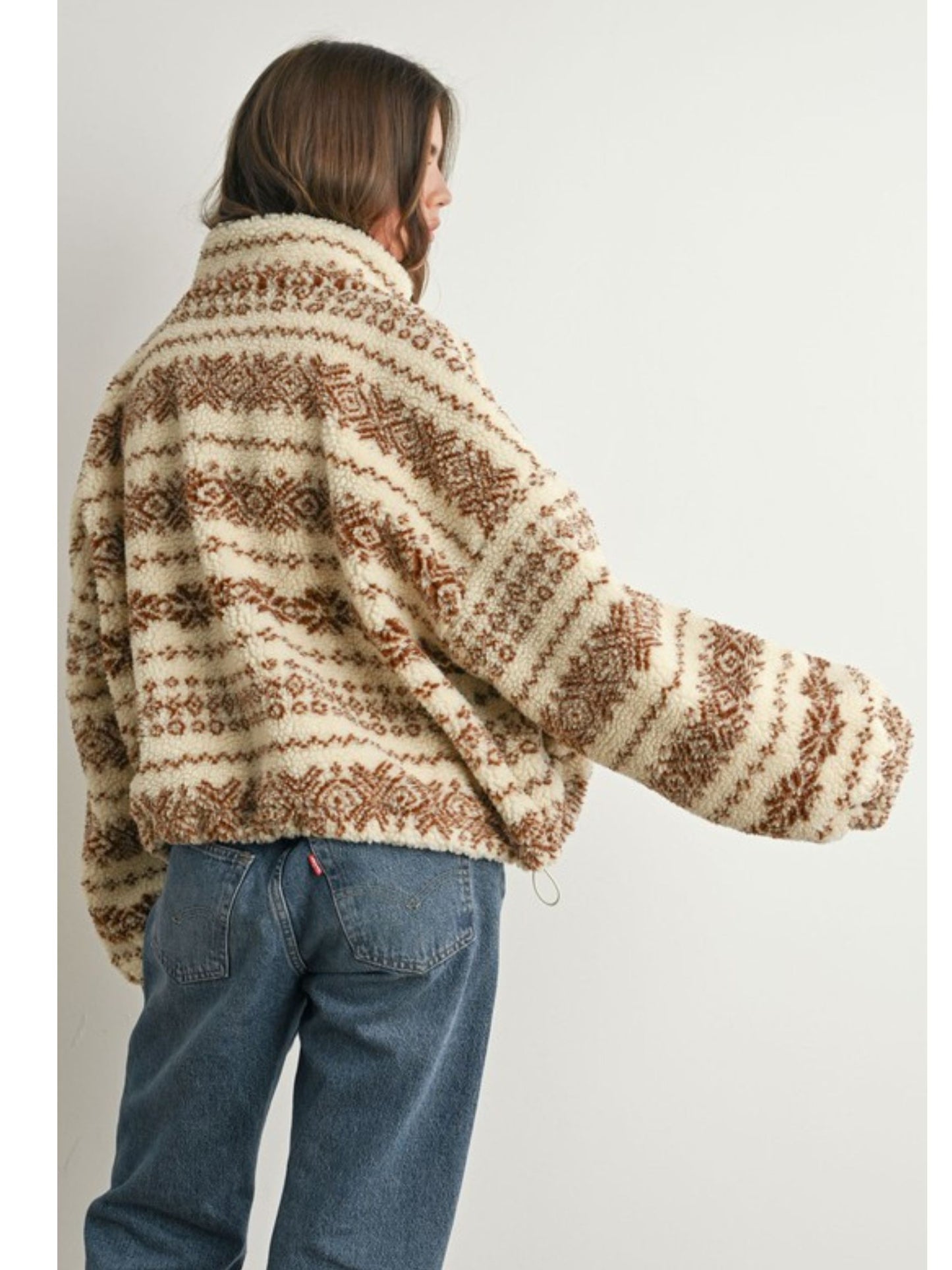 Fuzzy Fleece Zip-front Patterned Jacket