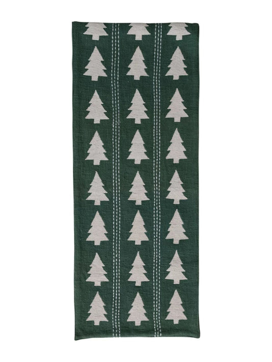 Table Runner with Trees Pattern, Embroidery & Stitching, Green & Natural