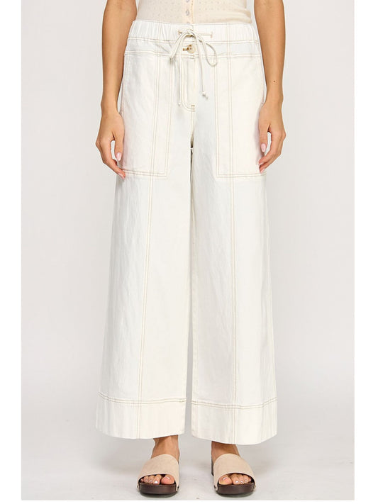 Cotton Twill Pull On Wide Leg Pants
