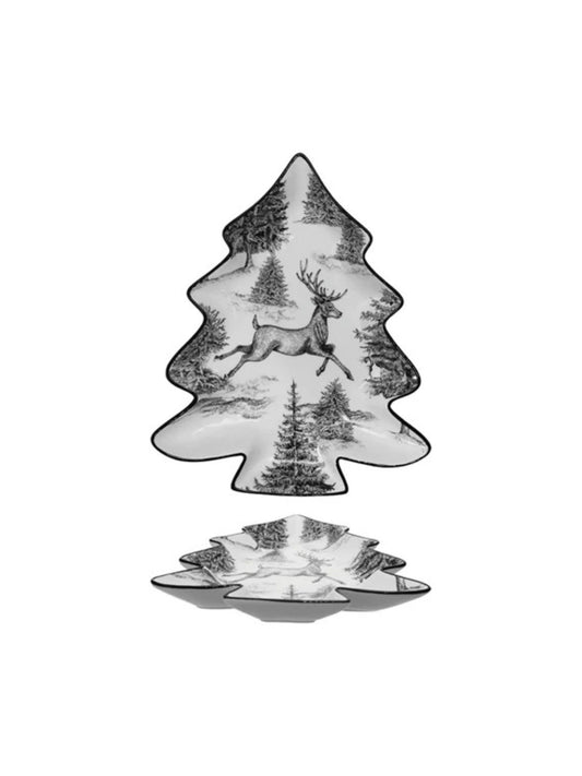 Ceramic Tree Shaped Plate with Woodland Deer Scene & Colored Edge