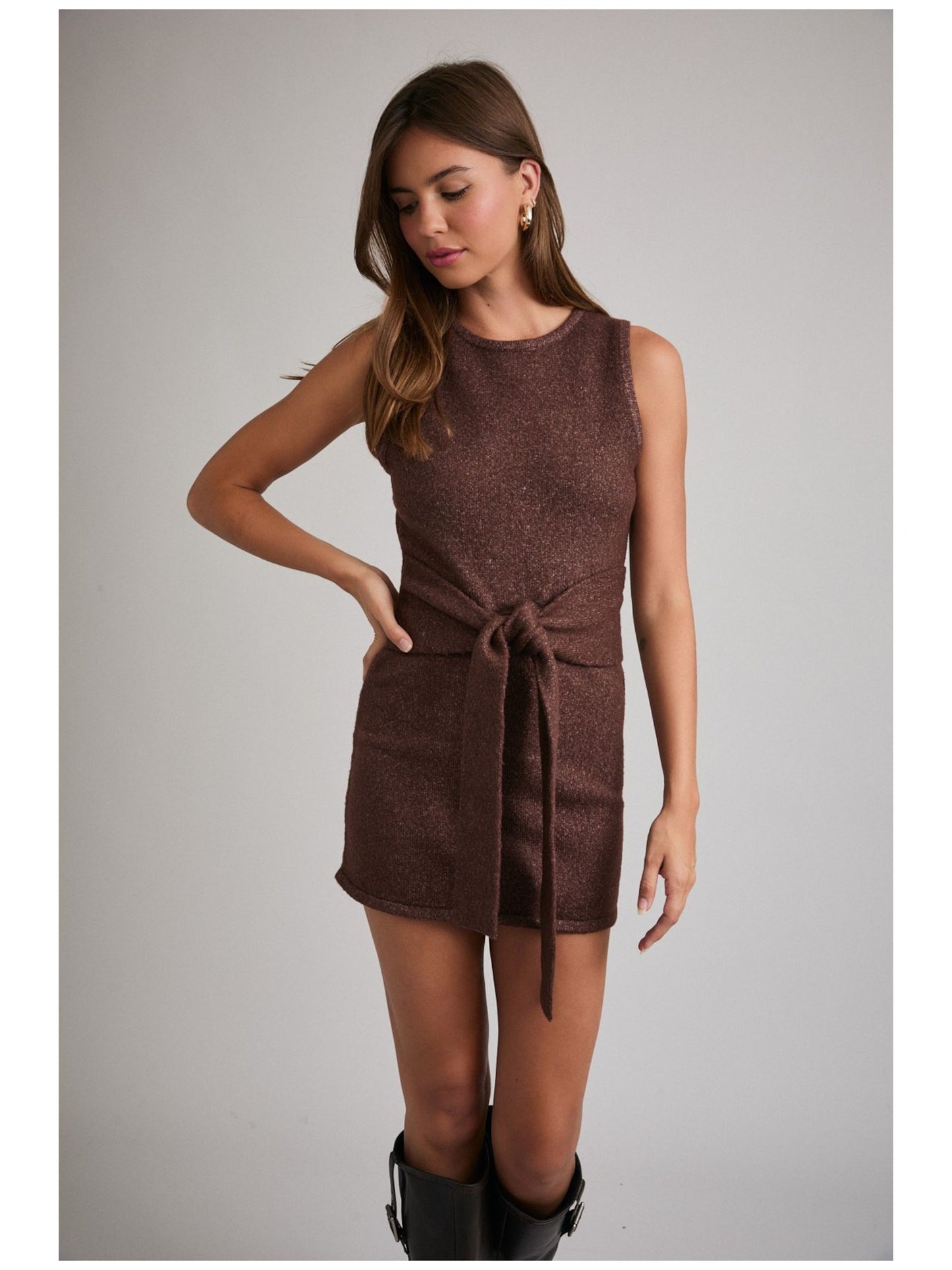 Round Neck Waist Tie Detail Sweater Mini Dress