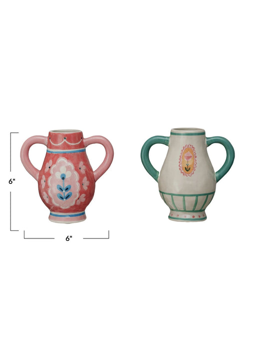 Hand-Painted Stoneware Vase w/ Flower & Handles
