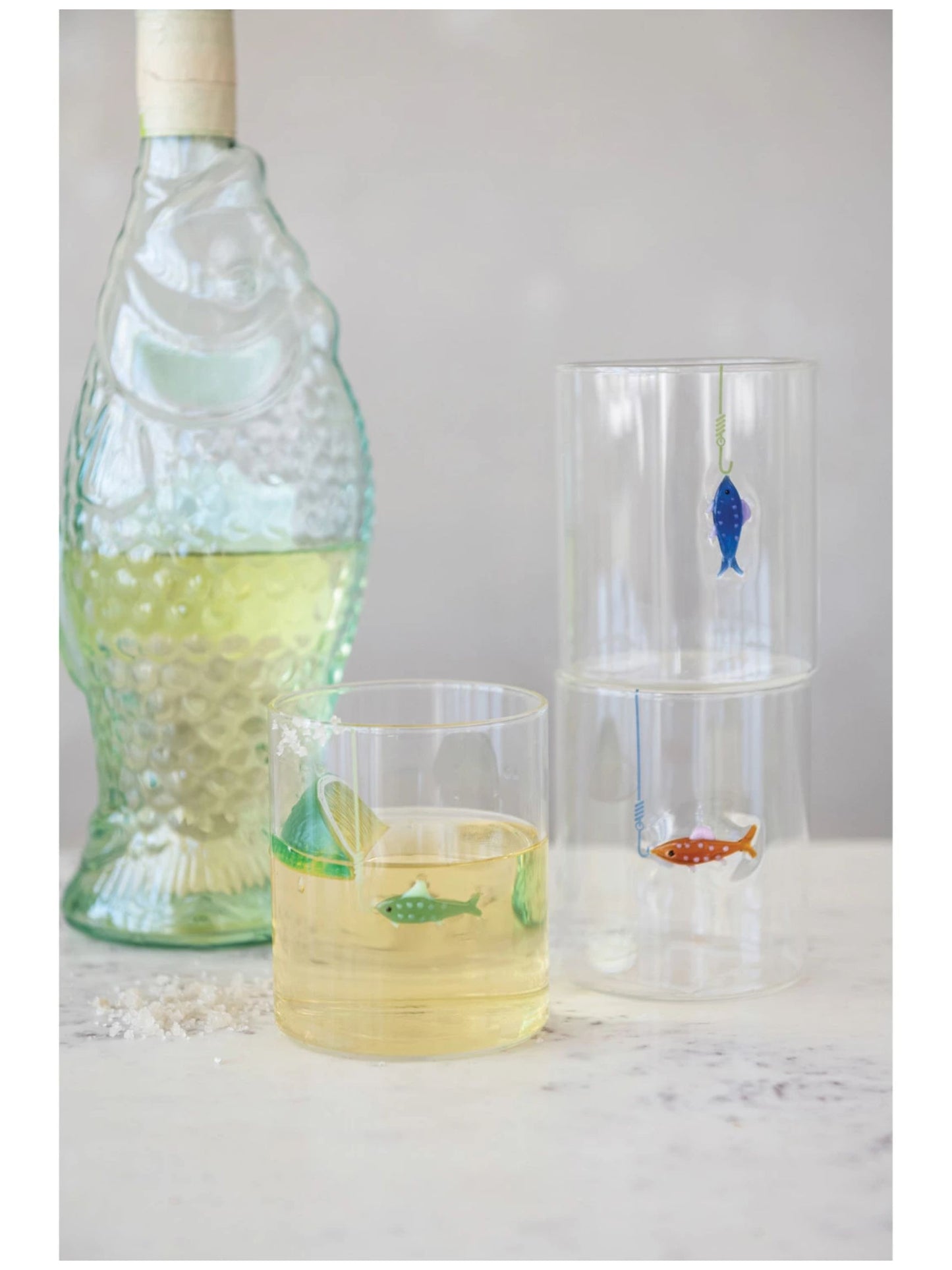 12 oz. Hand-Blown Drinking Glass with Fish On Hook
