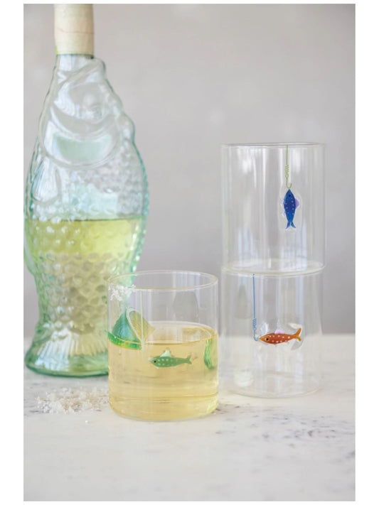 12 oz. Hand-Blown Drinking Glass with Fish On Hook