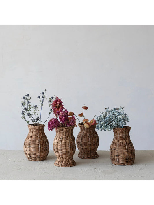 Hand-Woven Rattan Vase with Removable Glass Insert