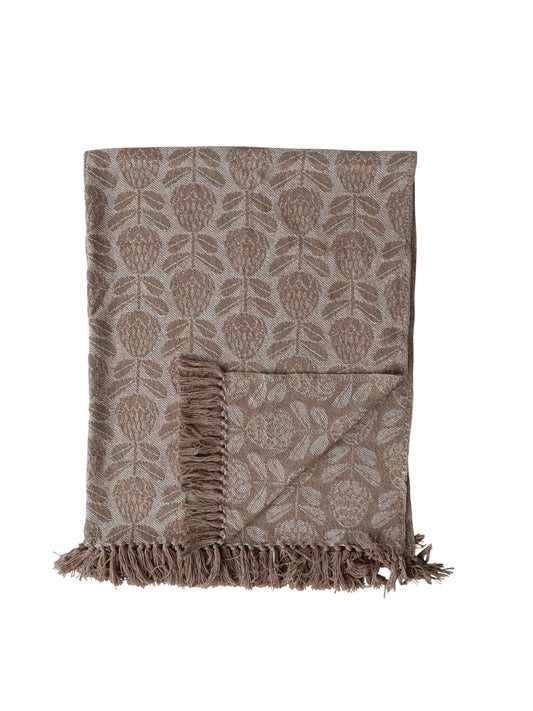 Woven Recycled Cotton Blend Jacquard Throw with Floral Pattern & Fringe