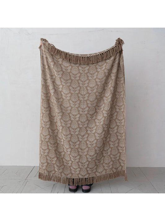 Woven Recycled Cotton Blend Jacquard Throw with Floral Pattern & Fringe