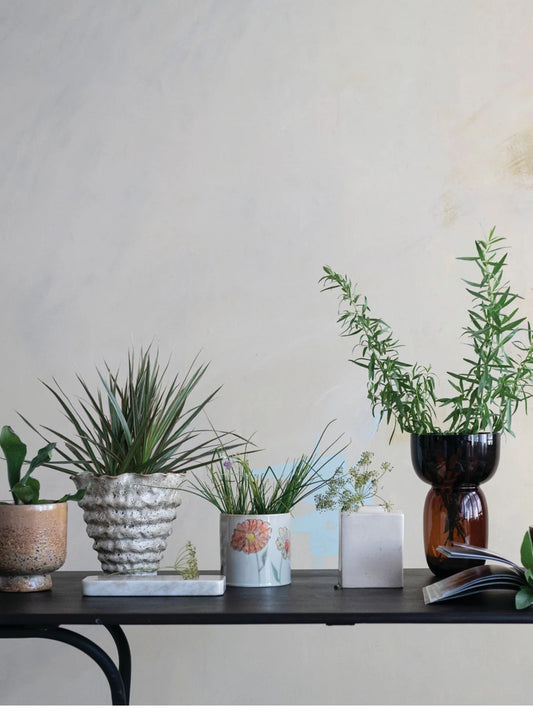 Hand-Painted Stoneware Planter with Flowers