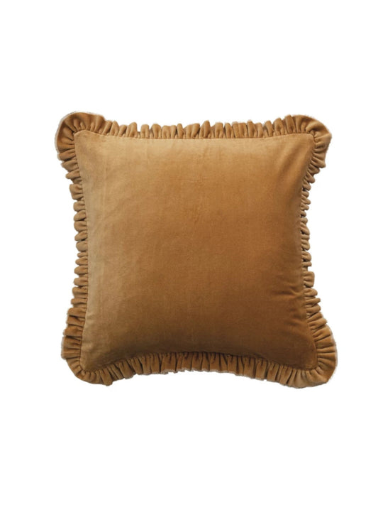 20" Square Cotton Velvet Pillow w/ Ruffled Trim, Mustard