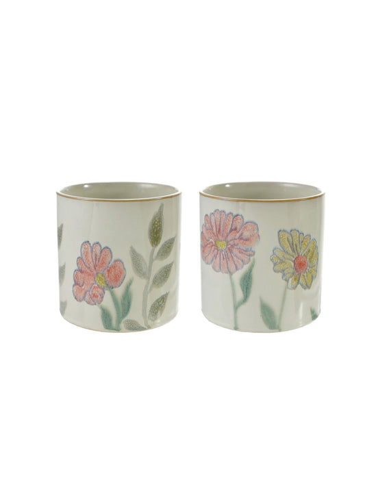 Hand-Painted Stoneware Planter with Flowers