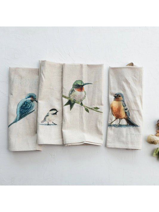 Cotton & Linen Printed Tea Towel w/ Bird