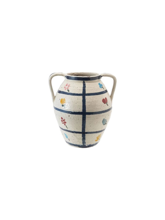 Hand-Painted Terra-cotta Urn w/ Flowers & Grid Pattern - Pick Up Only