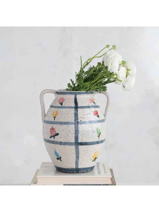 Hand-Painted Terra-cotta Urn w/ Flowers & Grid Pattern - Pick Up Only