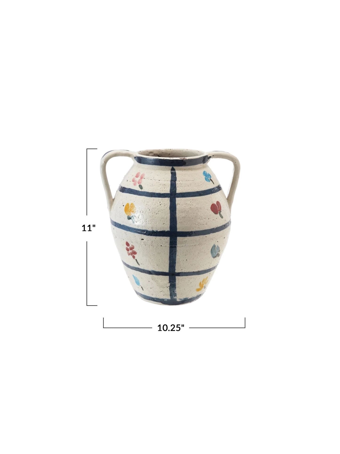 Hand-Painted Terra-cotta Urn w/ Flowers & Grid Pattern - Pick Up Only