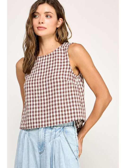 Gingham Linen Scoop Neck Tank