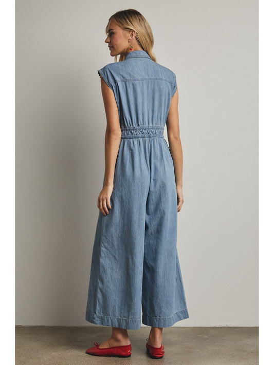 Cotton Denim Button-up Jumpsuit