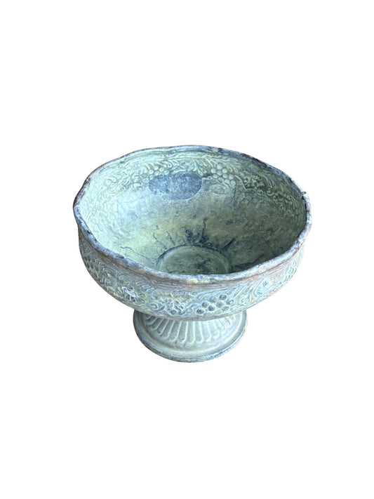 Vintage Mottled Green Pedestal Metal Bowl