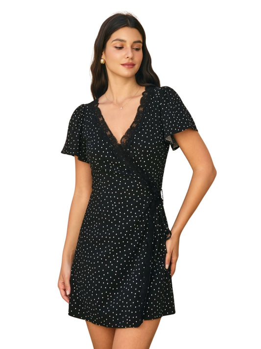 Polka Pop Lace Trim Wrap Mini Dress