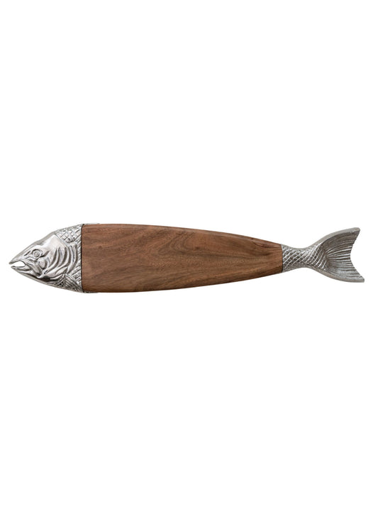 Acacia Wood & Cast Aluminum Fish Shaped Cheese/Serving Board