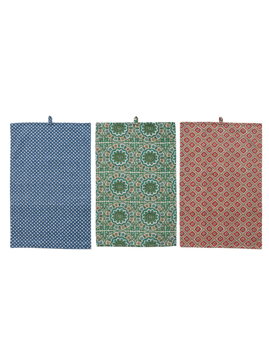 Cotton Slub Tea Towel with Block Print Pattern
