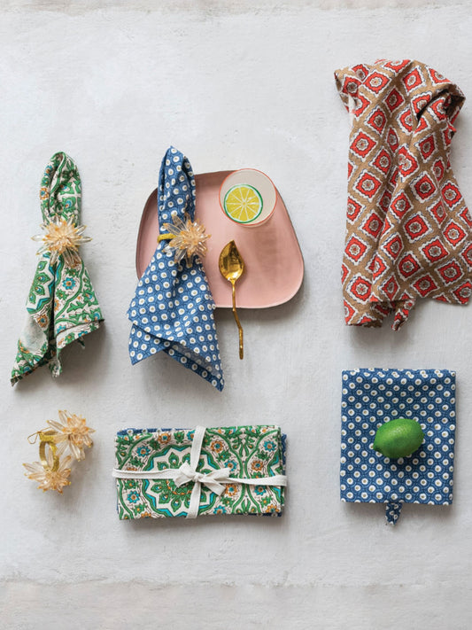 Cotton Slub Tea Towel with Block Print Pattern