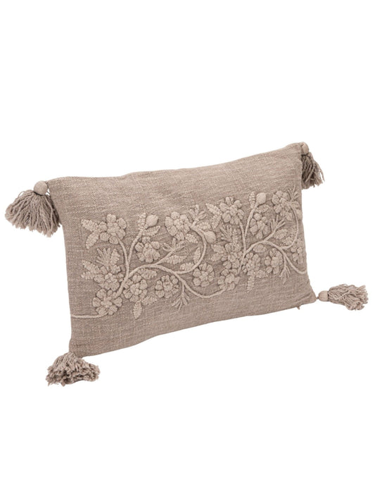 Stonewashed Cotton Slub Lumbar Pillow with Embroidered Flowers & Tassels, Taupe