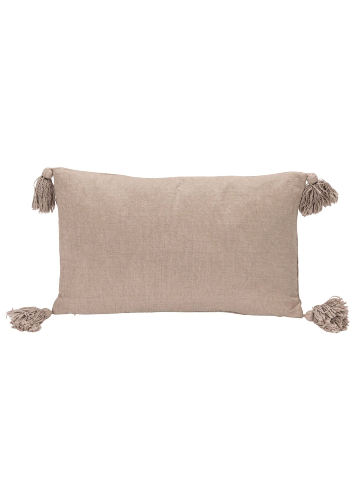 Stonewashed Cotton Slub Lumbar Pillow with Embroidered Flowers & Tassels, Taupe