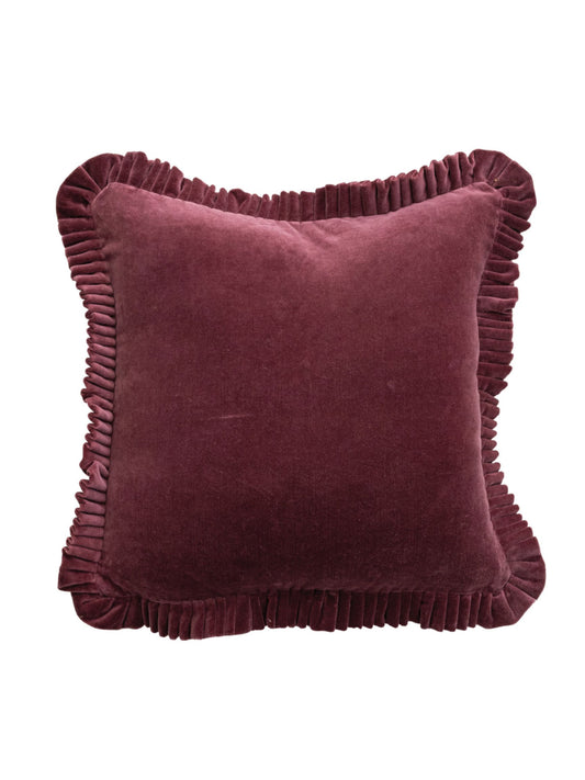 Square Cotton Velvet Pillow with Ruffle, Burgundy
