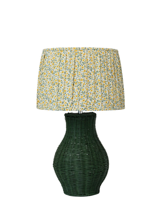 Hand-Woven Green Rattan Table Lamp w/ Linen Shade - Pick Up Only